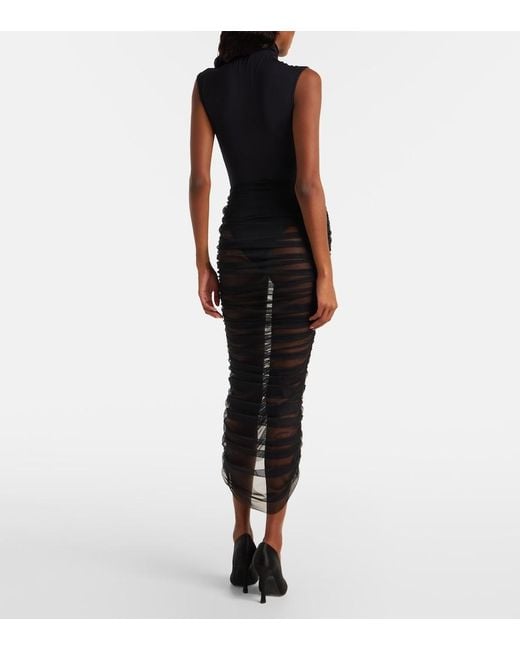 Nensi Dojaka Black Sheer Ruched Mesh Midi Skirt