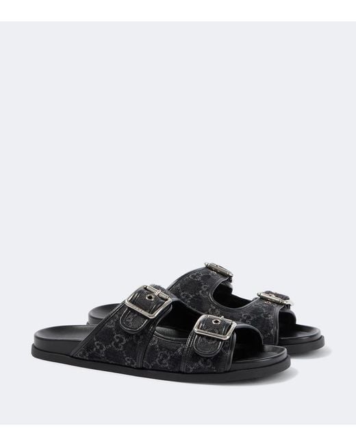 Gucci Black Gg Leather-Trimmed Canvas Slides for men