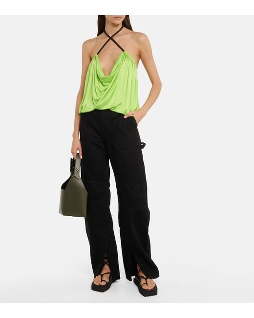 The Attico Green Pauline Leather-Trimmed Top
