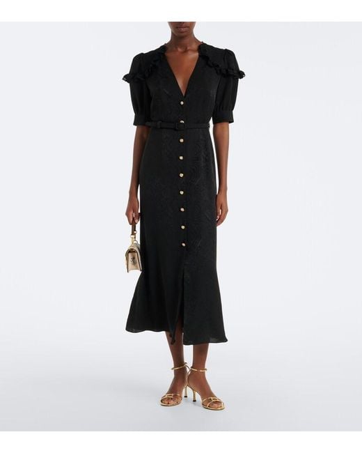 Alessandra Rich Black Belted Silk Jacquard Midi Dress