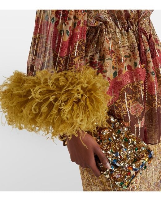 Valentino Multicolor Paisley Feather-Trimmed Silk-Blend Blouse