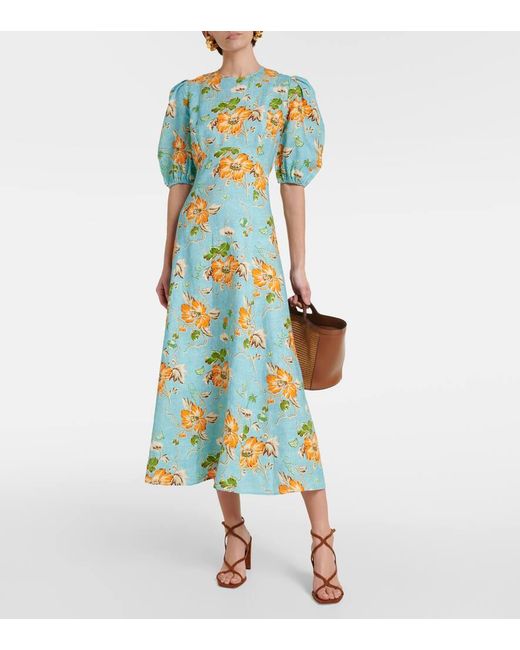 ALÉMAIS Blue Bedrucktes Midikleid Aus Leinen