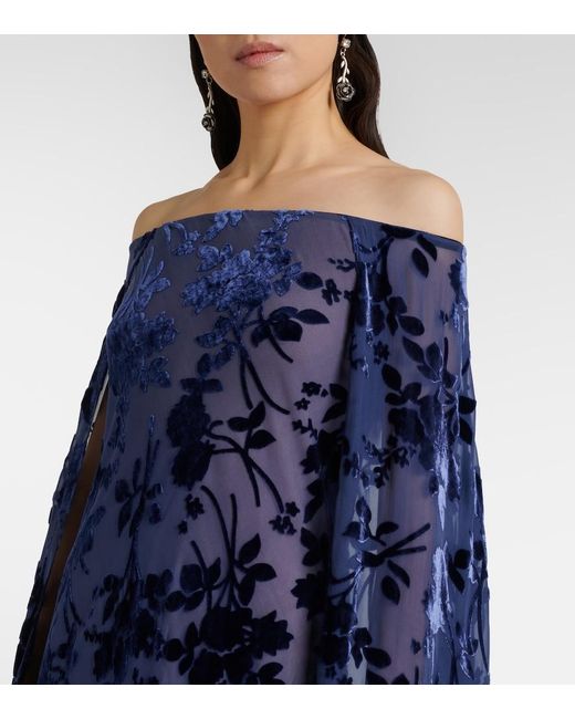 Rodarte Blue Caped Off-Shoulder Jacquard Maxi Dress