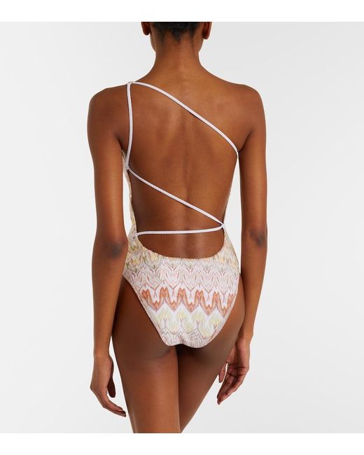 Missoni Pink Zigzag One-Shoulder Lame Swimsuit