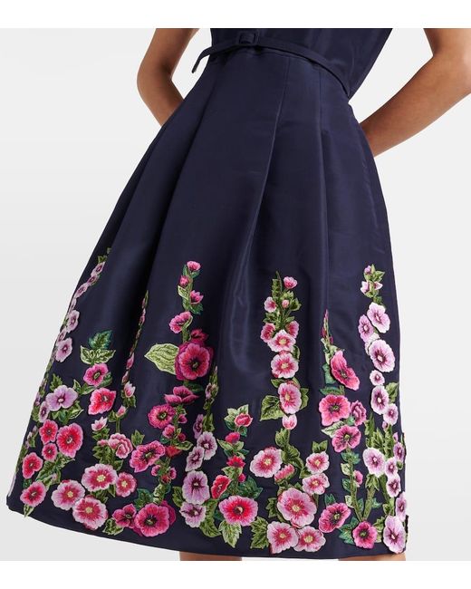 Oscar de la Renta Blue Hollyhock Embroidered Silk Midi Dress