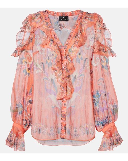 Etro Pink Printed Ruffled Silk Blouse