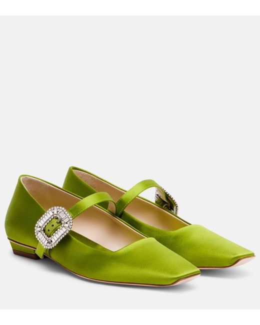 Roger Vivier Green Belle Vivier 25 Satin Mary Jane Flats