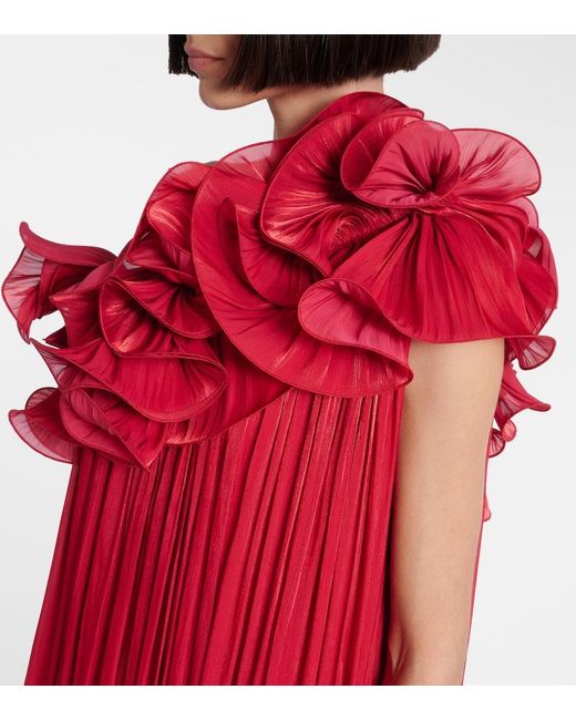 Costarellos Red Charmain Ruffled Georgette Lame Gown
