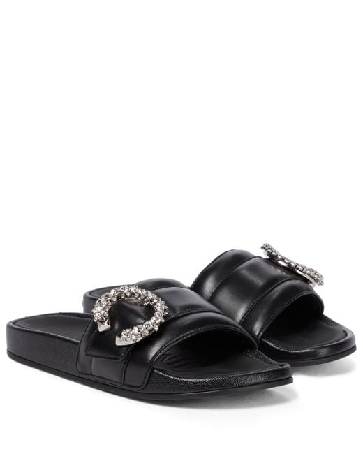 Jimmy Choo Fallon Embellished Leather Slides in Black - Lyst