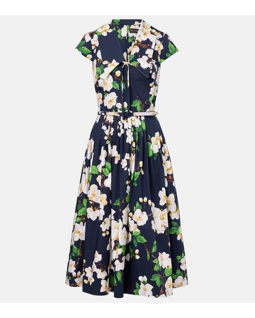 Oscar de la Renta Blue Floral Pleated Cotton-Blend Midi Dress