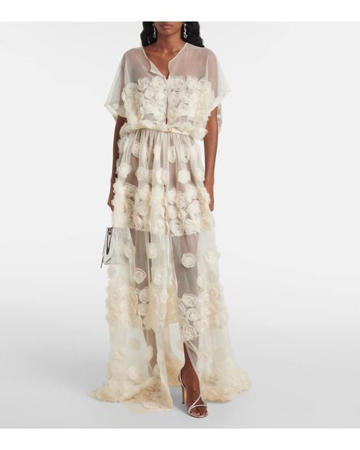 Norma Kamali Natural Floral-Applique Belted Sheer Gown
