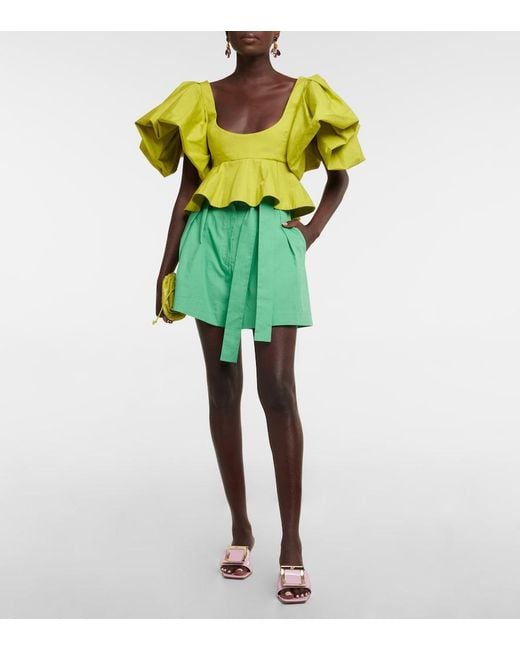 Oscar de la Renta Green High-Rise Wide-Leg Cotton Shorts