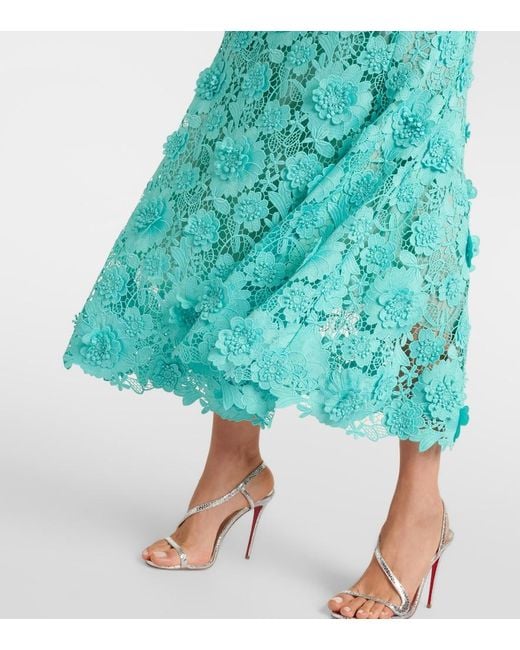 Oscar de la Renta Green Floral Guipure Lace Midi Dress