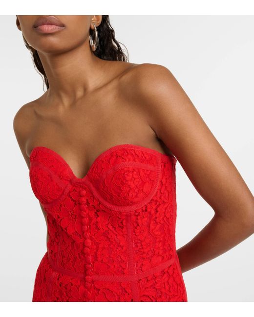 Costarellos Red Sharie Bustier Lace Midi Dress