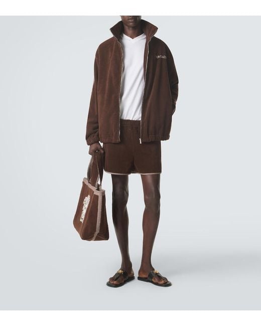 Versace Brown Logo Cotton Terry Zip-Up Sweatshirt for men
