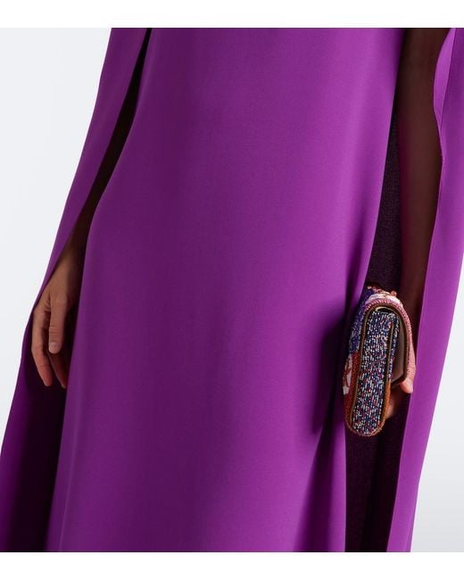 Oscar de la Renta Purple Embellished Caped Silk-Blend Georgette Gown