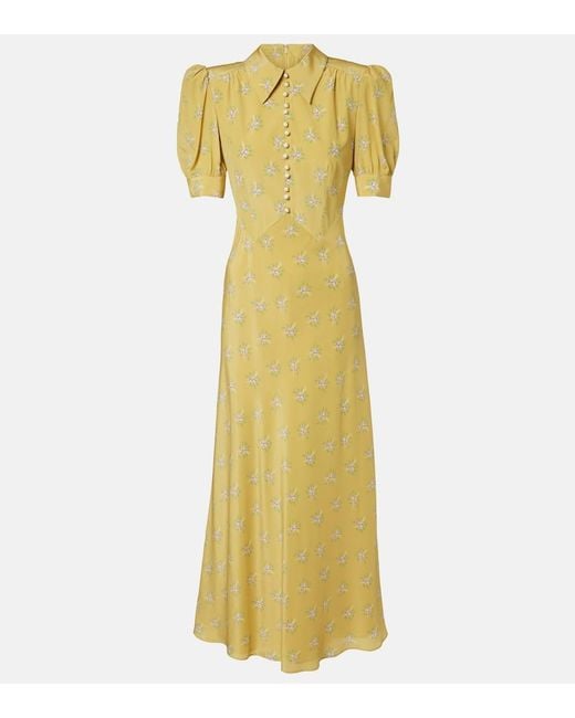 Alessandra Rich Yellow Floral Silk Midi Dress
