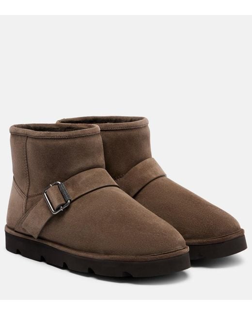 Brunello Cucinelli Brown Ankle Boots Aus Veloursleder Mit Shearling