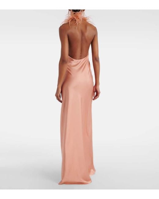 The New Arrivals Ilkyaz Ozel Orange Jazzy Feather-Trimmed Satin Gown