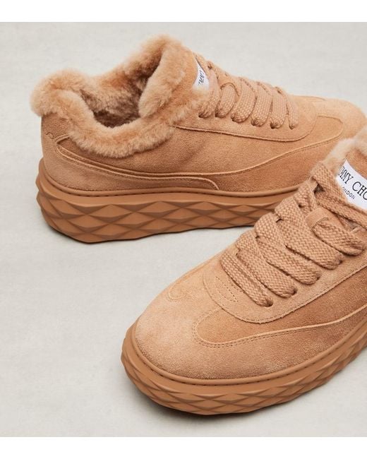 Jimmy Choo Brown Diamond Maxi Shearling-Trimmed Suede Sneakers