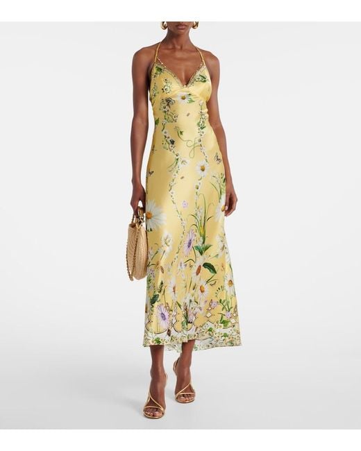 Camilla Metallic Floral Silk Satin Charmeuse Midi Dress