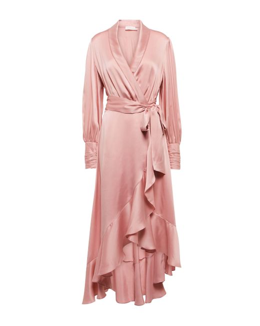 Robe midi portefeuille asymetrique en satin de soie Zimmermann en coloris Pink