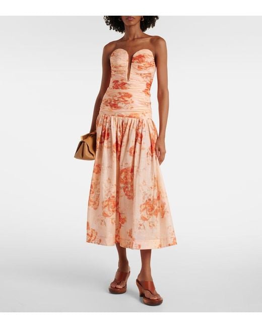Zimmermann Orange Cascadian Floral Strapless Midi Dress
