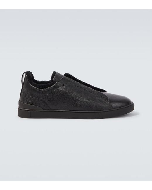 Zegna Black Triple Stitch Leather Sneakers for men