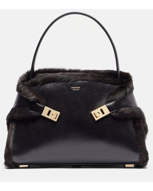 Ferragamo Black Hugh Medium Shearling-Trimmed Leather Shoulder Bag