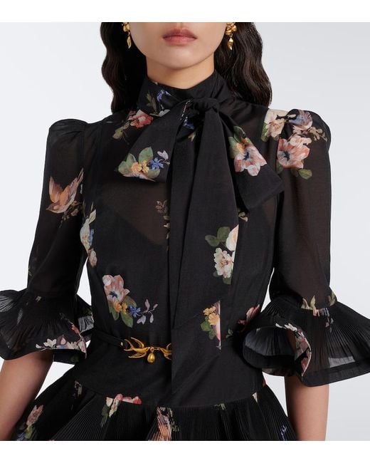 Zimmermann Black Floral Pleated Ruffled Midi Dress