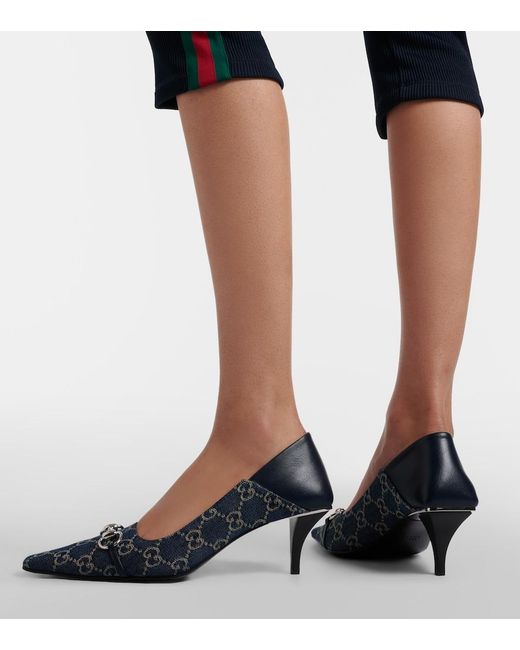 Gucci Blue Vittoria Leather-Trimmed Denim Pumps