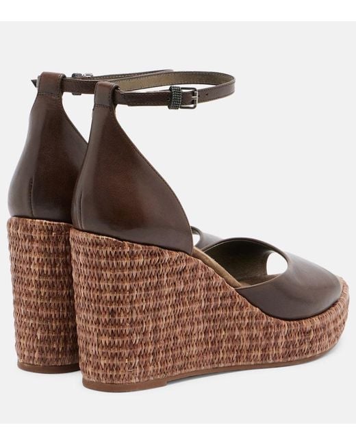 Brunello Cucinelli Brown Monili Leather Espadrille Wedges