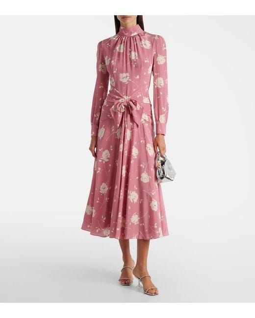 Alessandra Rich Pink Bow-Detail Floral Silk Midi Dress