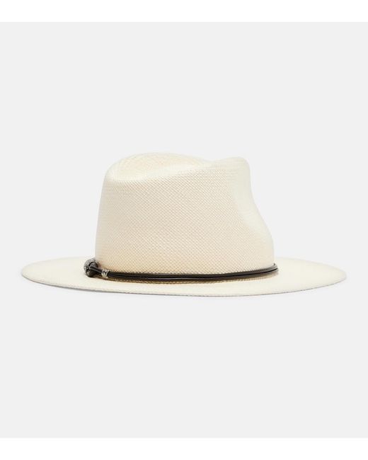 Brunello Cucinelli White Leather-Trimmed Straw Fedora Hat