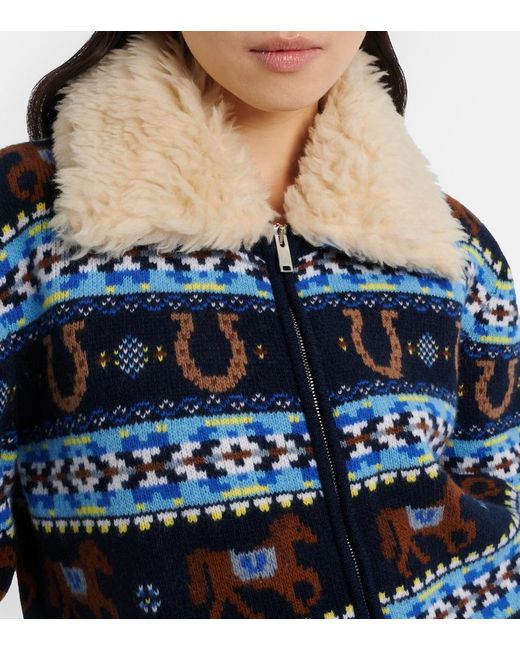 Stella McCartney Blue Intarsia Virgin Wool Zip-Up Cardigan