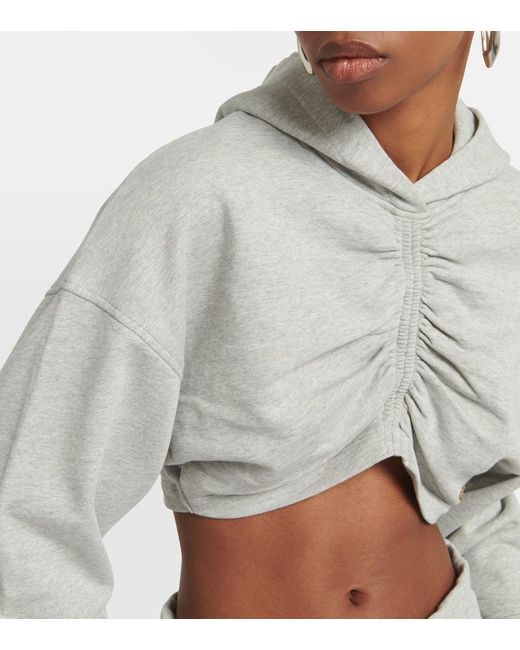 Palm Angels Gray Cropped Cotton Jersey Hoodie