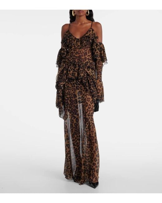 Blumarine Brown Leopard-Print Draped Silk Top