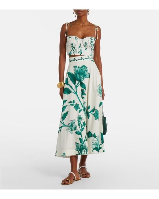 Agua Bendita Green Bergamota Embellished Floral Cotton Midi Skirt