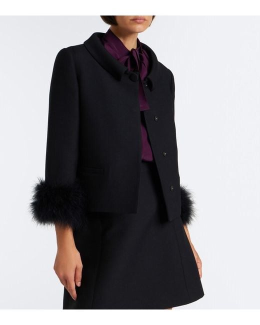 Valentino Black Crepe Couture Feather-Trimmed Jacket