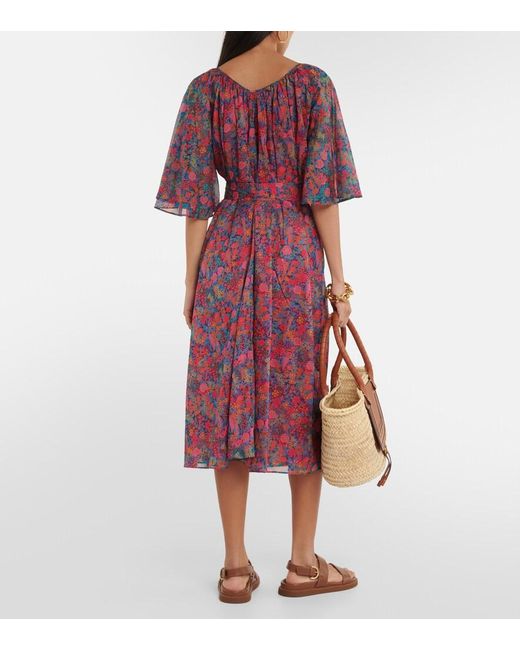 Eres Red Daisy Floral Cotton Midi Dress