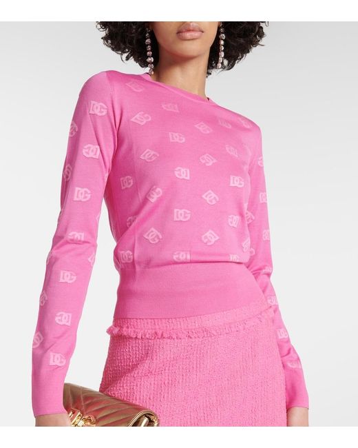 Dolce & Gabbana Pink Wool And Silk Jacquard Sweater With Tonal Dg Logo