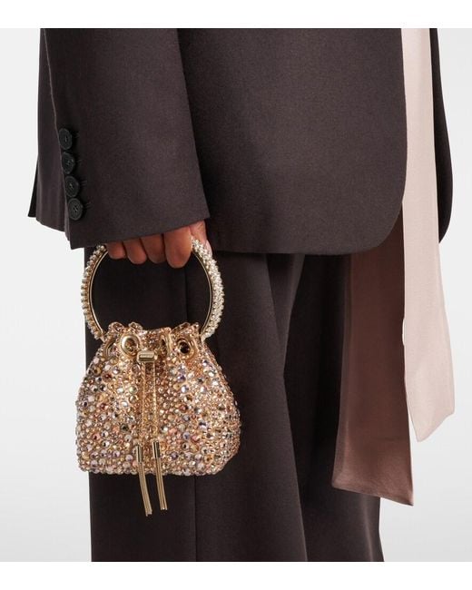 Jimmy Choo Metallic Bon Bon Micro Embellished Satin Bucket Bag