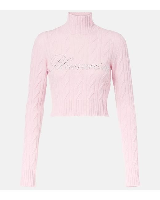 Blumarine Pink Logo Cropped Wool And Cashmere Sweater