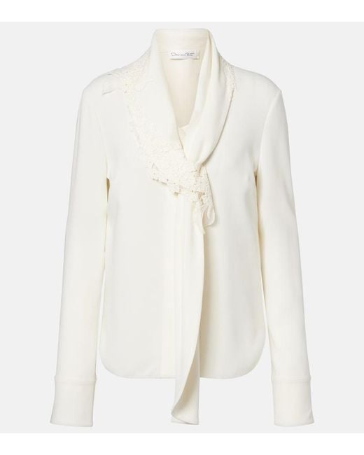Oscar de la Renta White Lace-Trimmed Silk-Blend Georgette Blouse