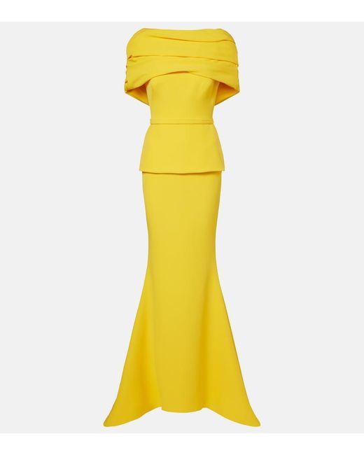 Safiyaa Yellow Loura Off-Shoulder Crepe Gown