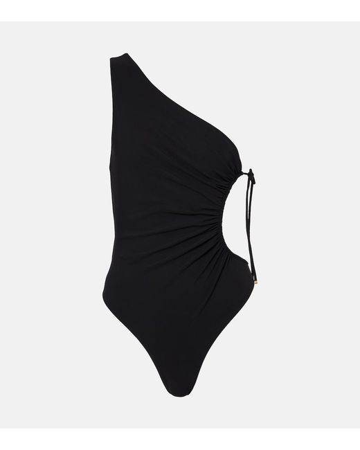 Saint Laurent Black Gathered One-Shoulder Swimsuit