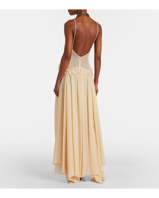 Blumarine Natural Lace-Trimmed Georgette Maxi Dress