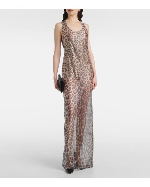 JACQUES WEI Gray Crystal-Embellished Tulle Maxi Dress