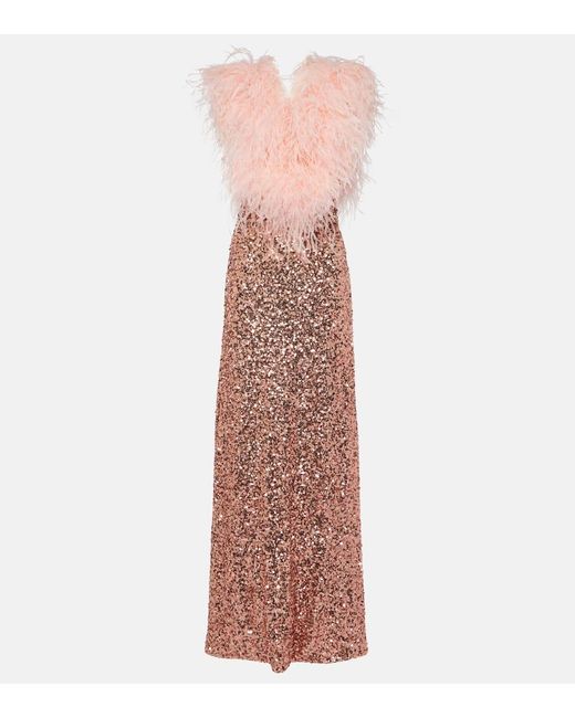 Dolce & Gabbana Pink Sequined V-neck Feather-trimmed Gown