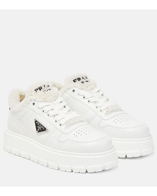 Prada White Shearling-Detail Low-Top Sneakers